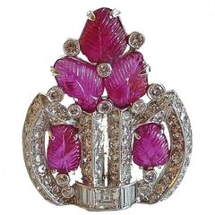 1920s Burma Ruby Diamond Platinum Clip Brooch