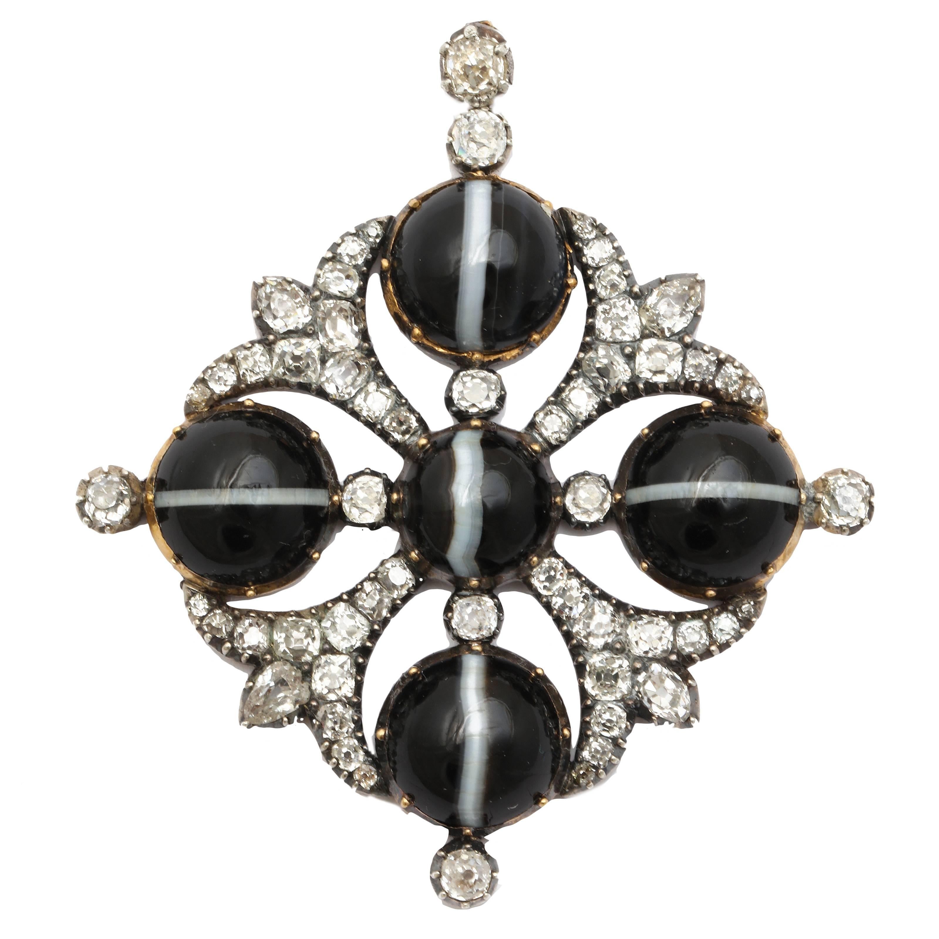 15 Kt Old Mine/Pear Shaped Diamond and Banded Agate Pendant c.1870