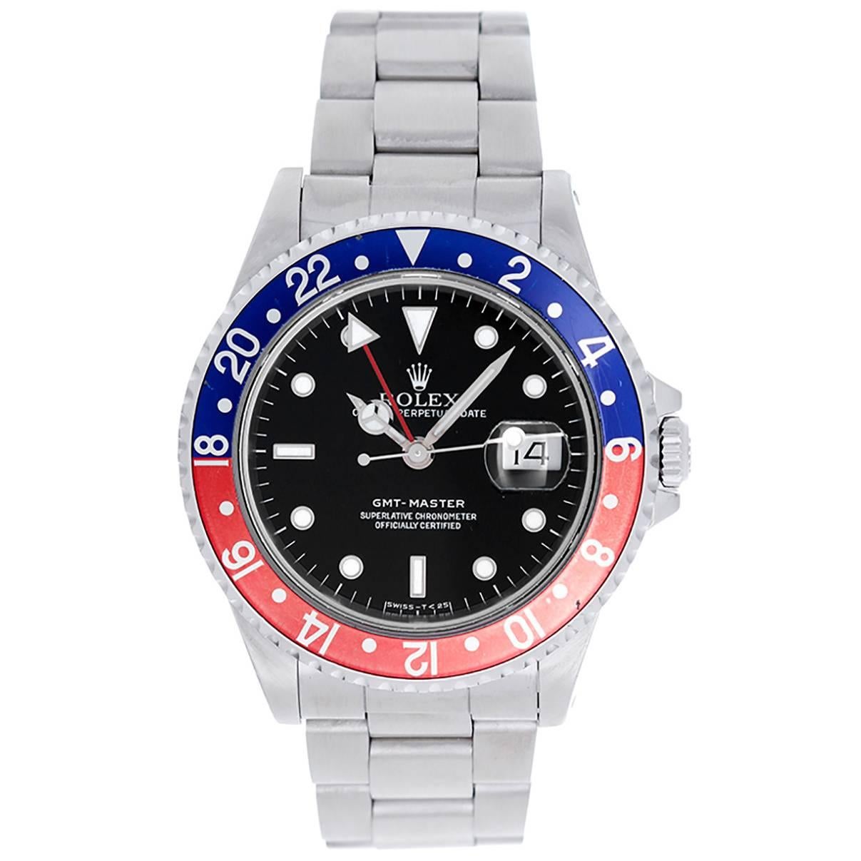 Rolex Stainless Steel GMT-Master Red Blue Pepsi Bezel Automatic Wristwatch