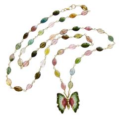 Raspberry Pink Banded Green Tourmaline Gold Butterfly Necklace