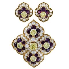 Van Cleef & Arpels Amethyst Diamond Gold Brooch and Earrings