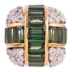 Retro La Trompe Green Tourmaline Diamond Gold Dome Ring 