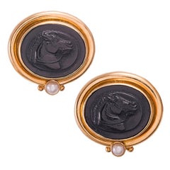 Retro Elizabeth Locke Carved Venetian Glass Gold Horse Portrait Earrings