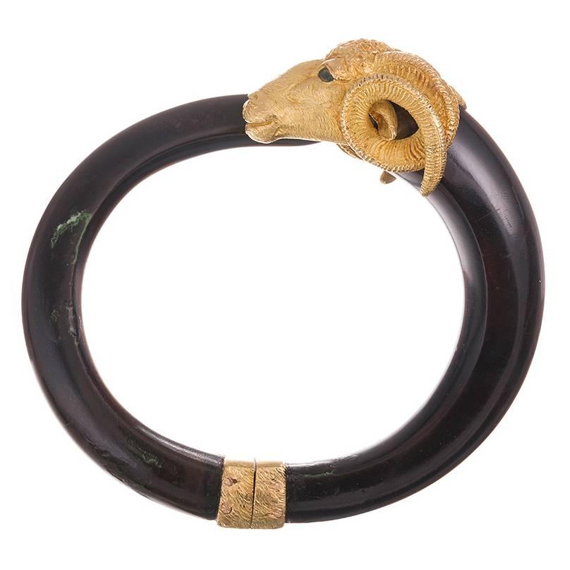 Gay Freres Carved Ram’s Head Black Bone Gold Bracelet