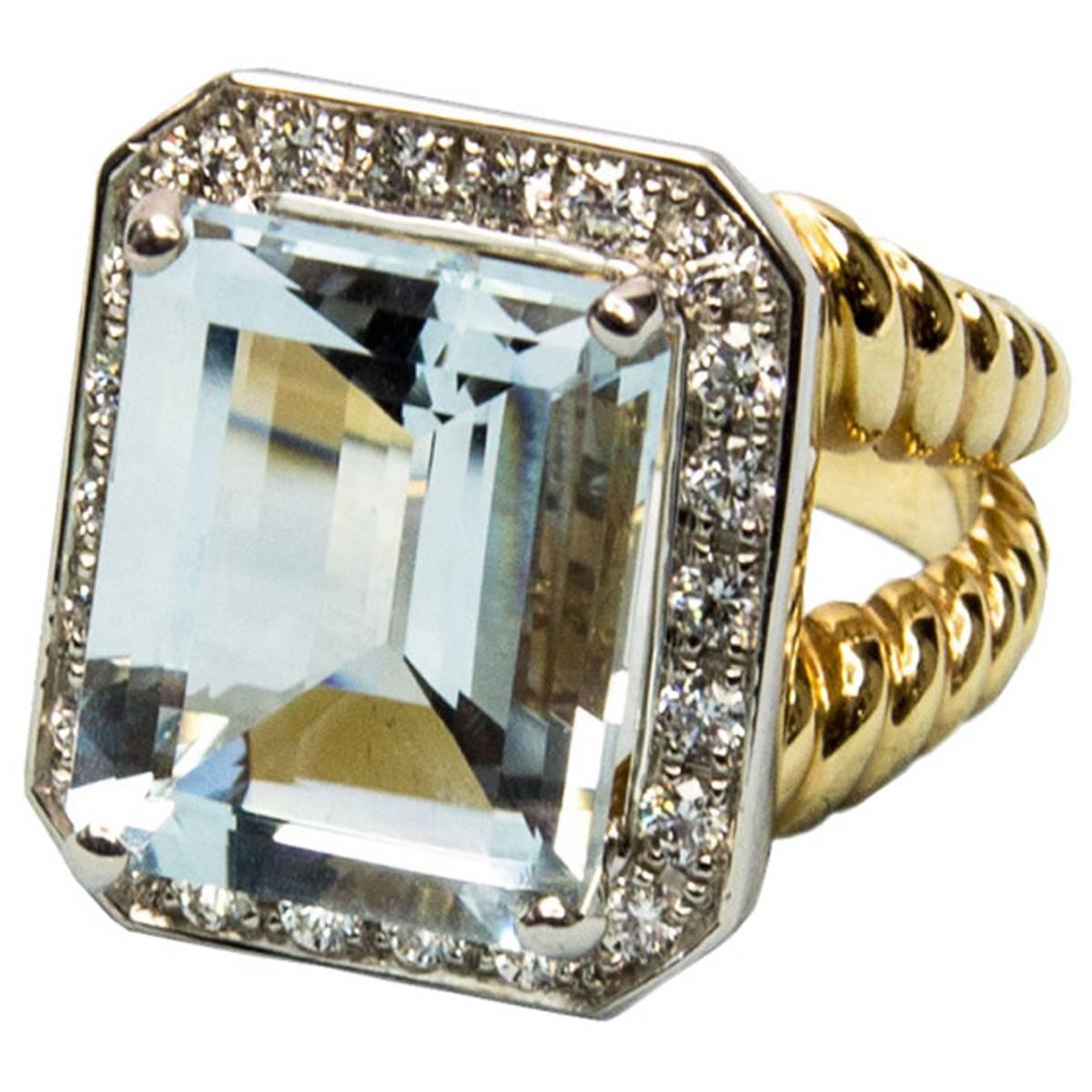 Step-Cut Aquamarine and Diamond Gold Cocktail Ring Estate Fine Jewelry