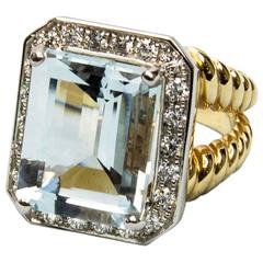 Step-Cut Aquamarine Diamond Gold Ring 1