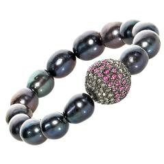 Rhodolite Diamond Ball Peacock Pearl Stretch Bracelet