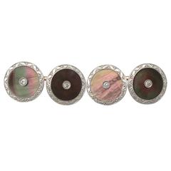 Mother of Pearl & 0.12Ct Diamond, 14k Yellow Gold Cufflinks - Antique Circa 1920 10