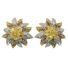 Fancy Color Diamond Gold Floral Ear Clips