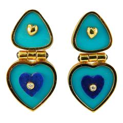 1970s Hammerman Brothers Lapis Lazuli Turquoise Diamond Gold Earrings 