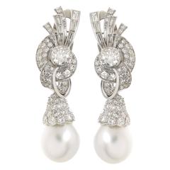 1940s Pearl Diamond Platinum Large Day Night Earrings