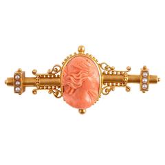Victorian Carved Coral Pearl Cameo Gold Pin