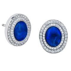 Blue Opals and Diamond Stud Earrings in Classic 18K Gold Setting