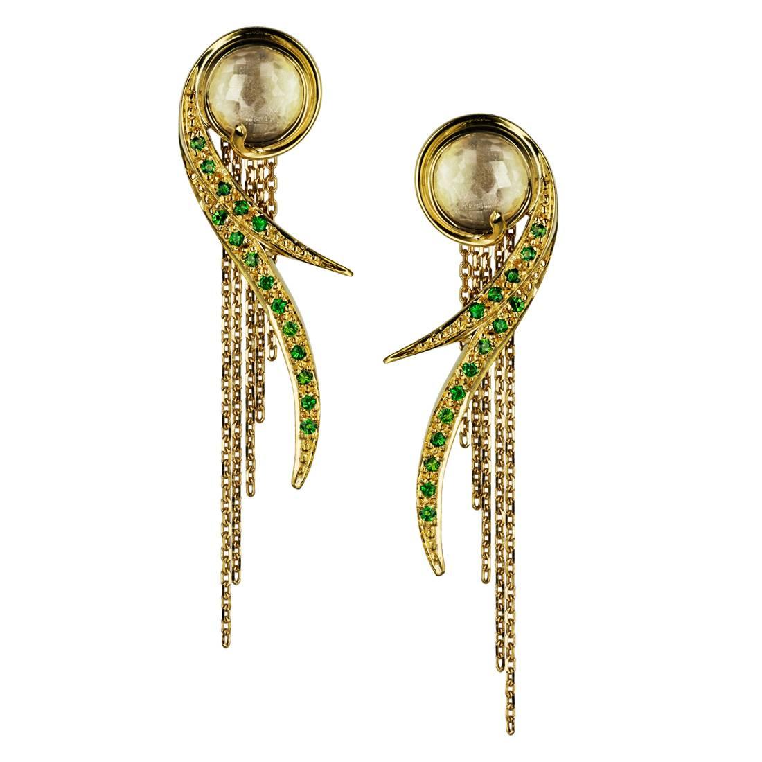 Ana De Costa Yellow Gold Round Green Tsavorite Rock Crystal Drop Chain Earrings