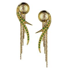 Ana De Costa Yellow Gold Round Green Tsavorite Rock Crystal Drop Chain Earrings