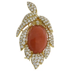 Vintage Coral Diamond Gold Brooch Pendant, 1960s
