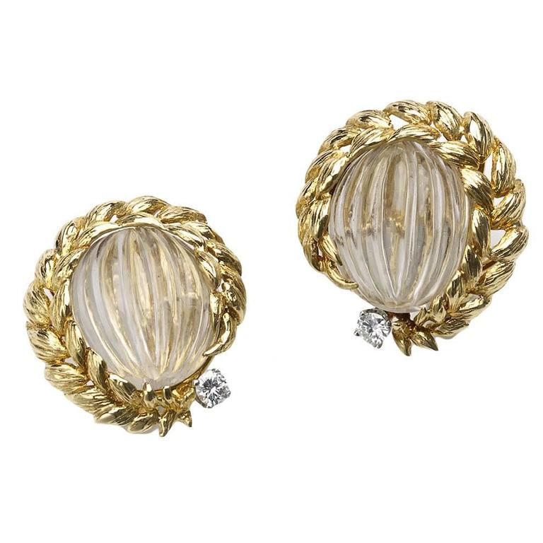 David Webb Rock Crystal Diamond Gold Earrings For Sale