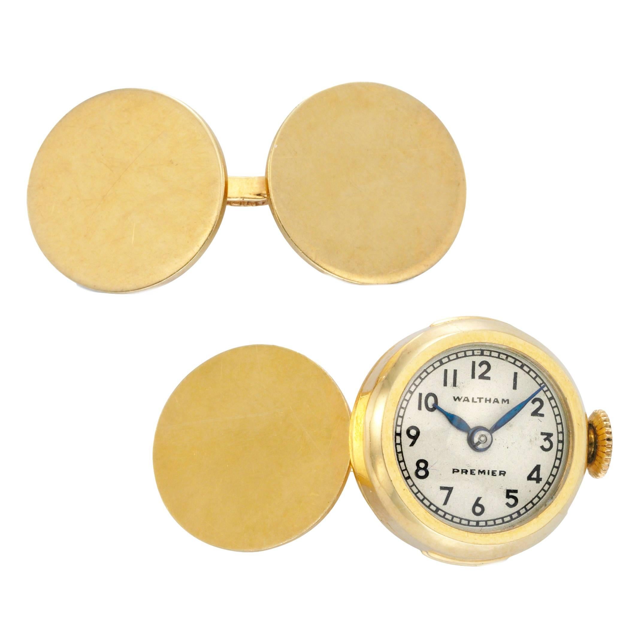 Waltham Yellow Gold Wristwatch Cufflink For Sale