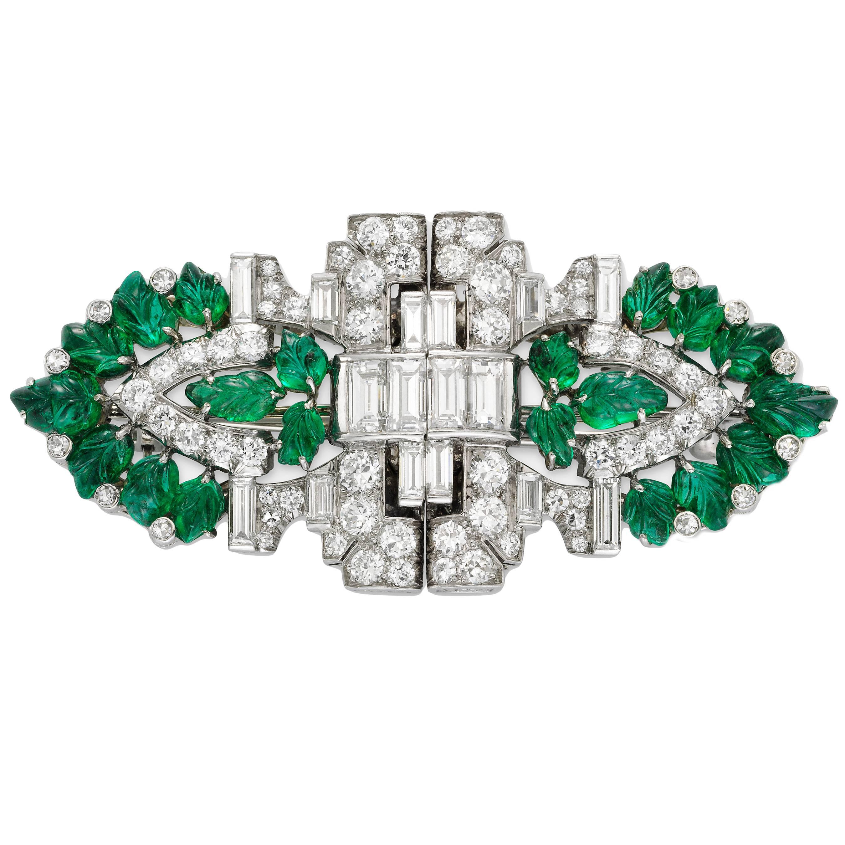 1930s Oscar Heyman Art Deco Emerald Diamond Platinum Double Clip Brooch