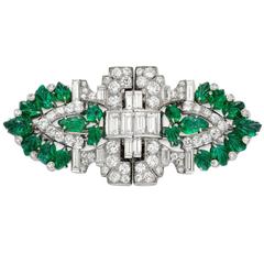 1930s Oscar Heyman Art Deco Emerald Diamond Platinum Double Clip Brooch