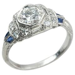 Vintage Art Deco 0.80 Carat Diamond Sapphire Platinum Engagement Ring
