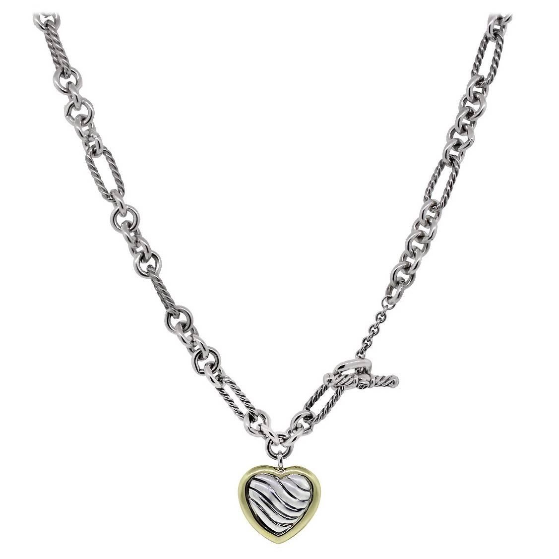 David Yurman Sterling Silver Gold Heart Charm Necklace