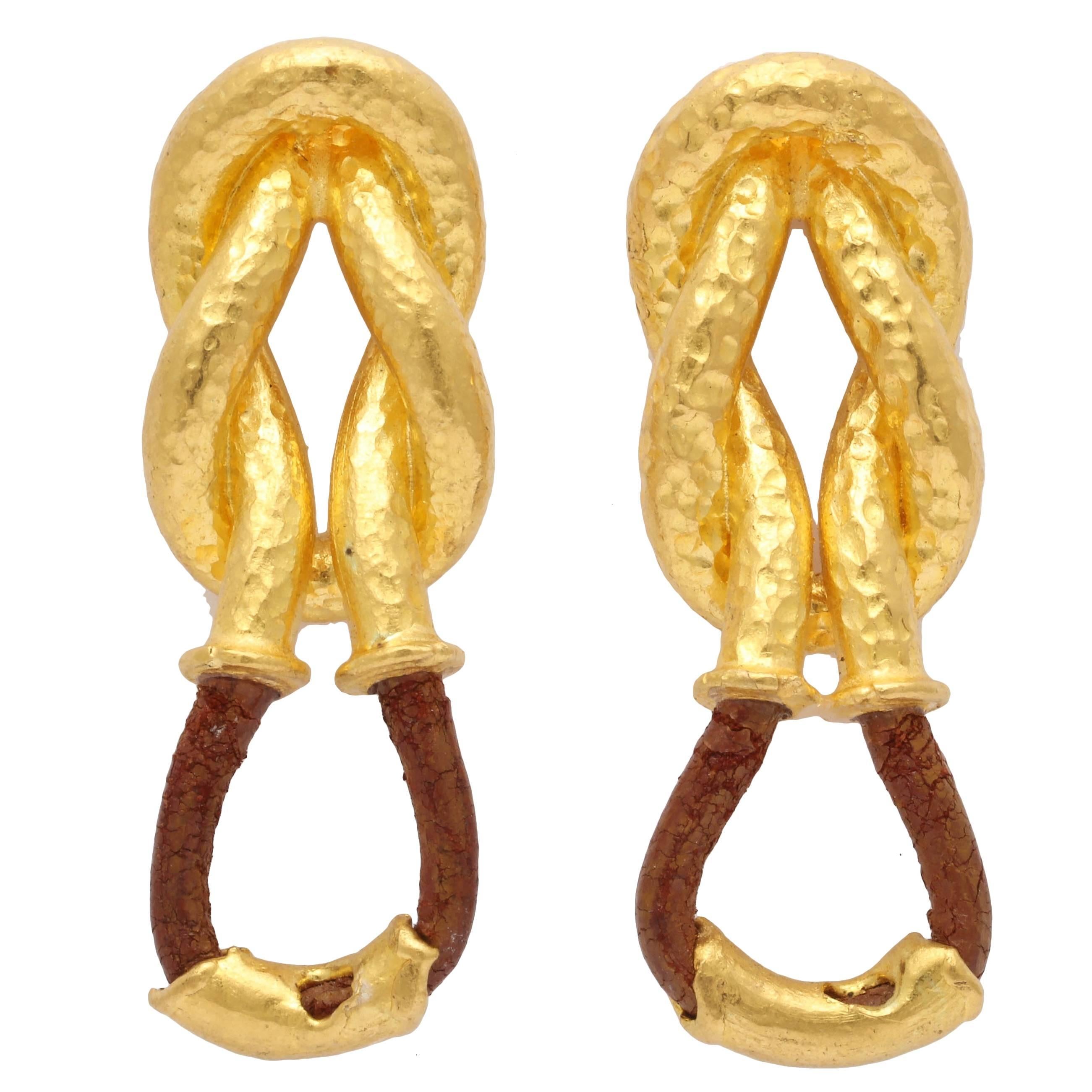 Unique High Karat Gold and Leather Earrings For Sale
