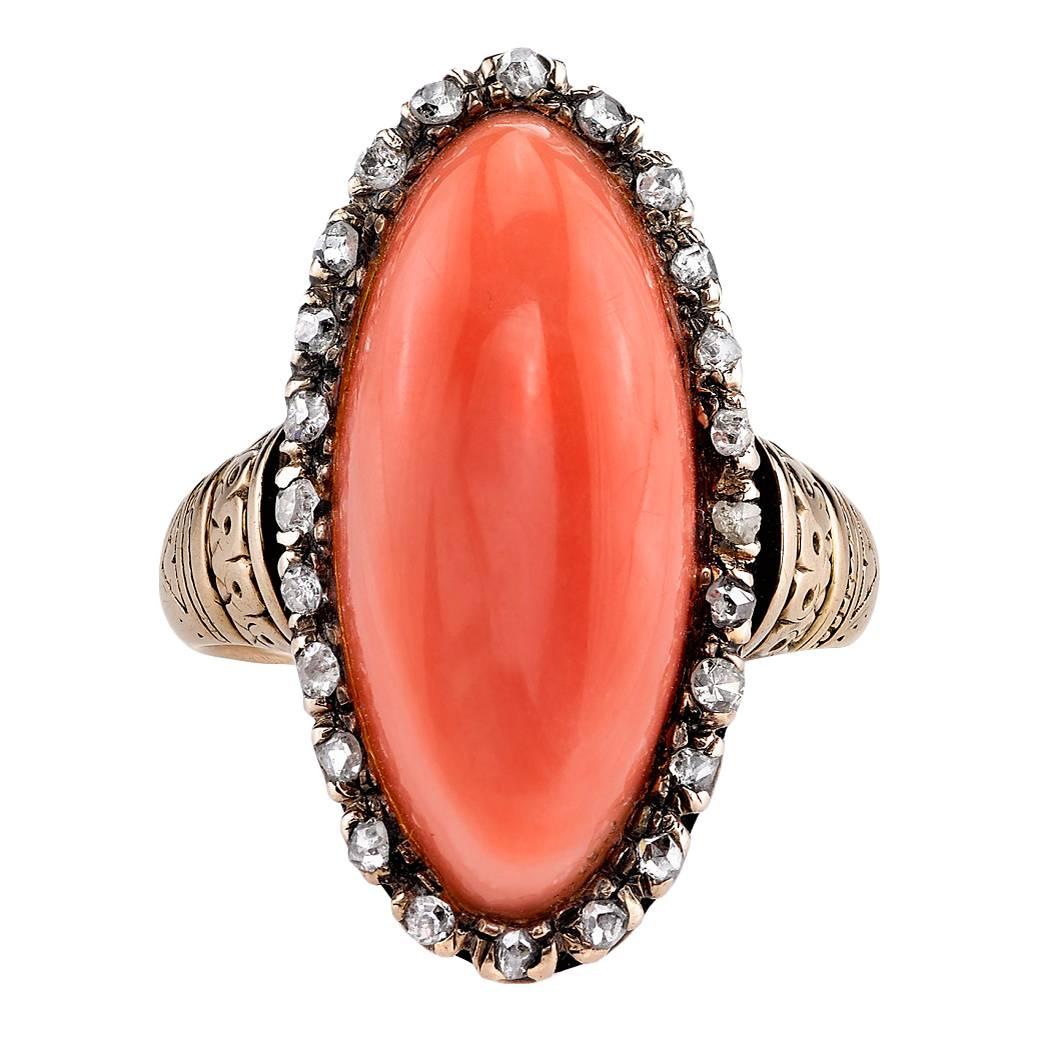 Victorian Coral Diamond Gold Navette Style Ring