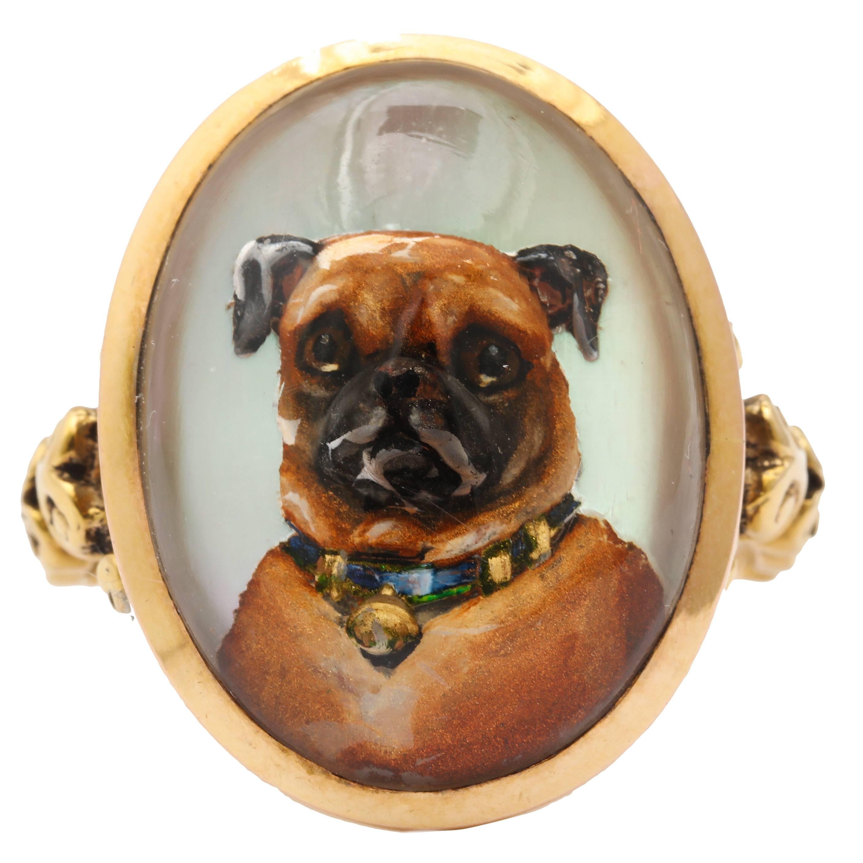Love is a Pug Reverse Crystal Victorian Intaglio Ring c. 1870