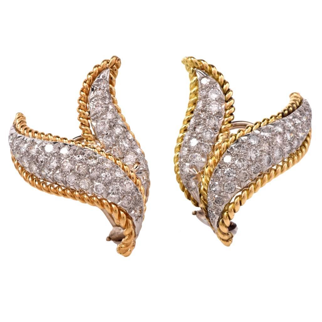 Stylish Diamond Two Color Gold Leaf Earrings