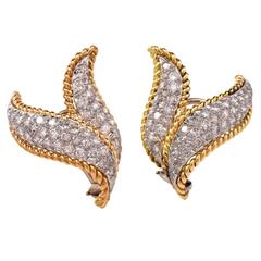 Stylish Diamond Two Color Gold Leaf Earrings