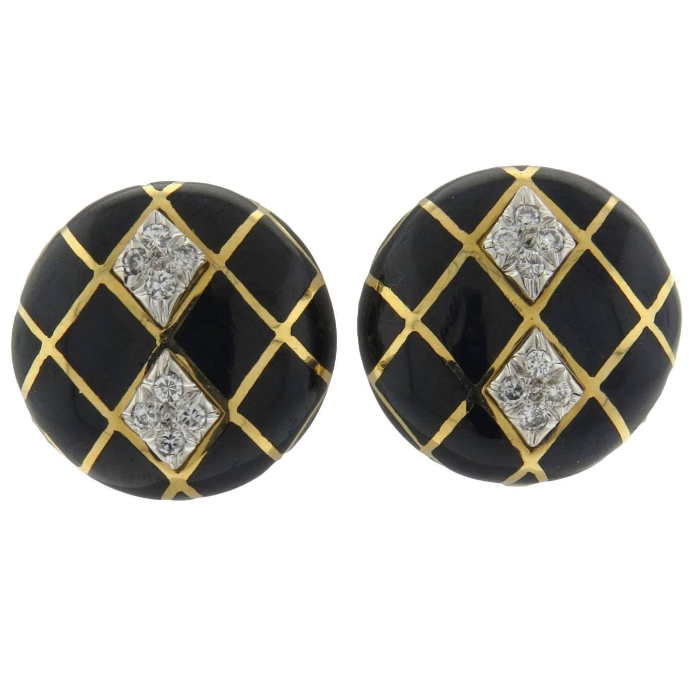 David Webb Classic Enamel Diamond Gold Platinum Button Earrings For Sale