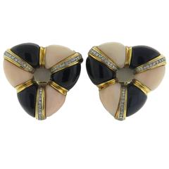 1980s Large Italian Coral Onyx Diamond Gold Earrings