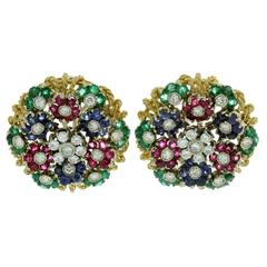 Italian Ruby Emerald Sapphire Diamond Gold Earrings