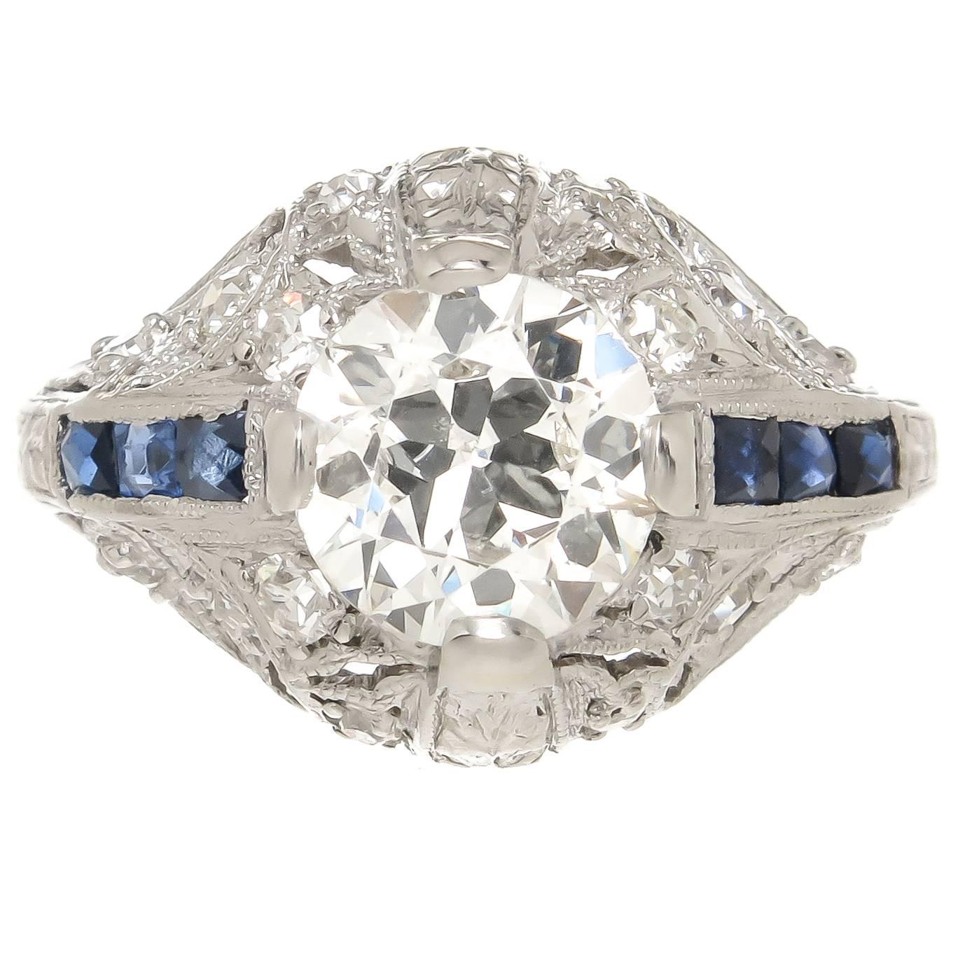 1930s 1.27 Carat Diamond Sapphire Platinum Engragement Ring 