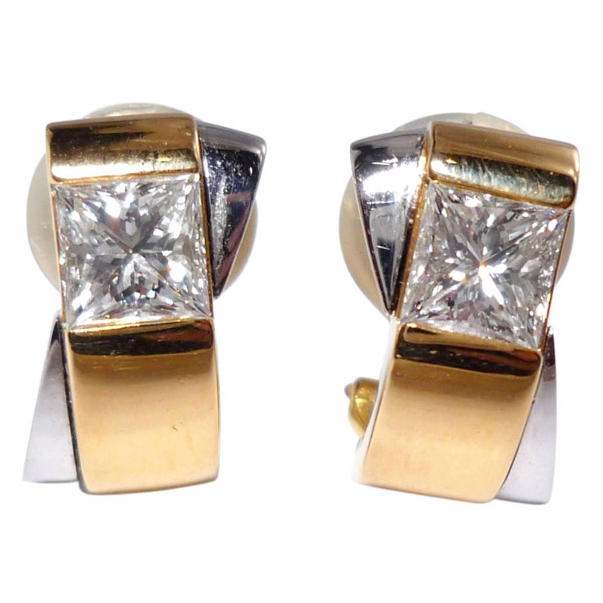Friedrich Princess-Cut Diamond Gold Earclips For Sale