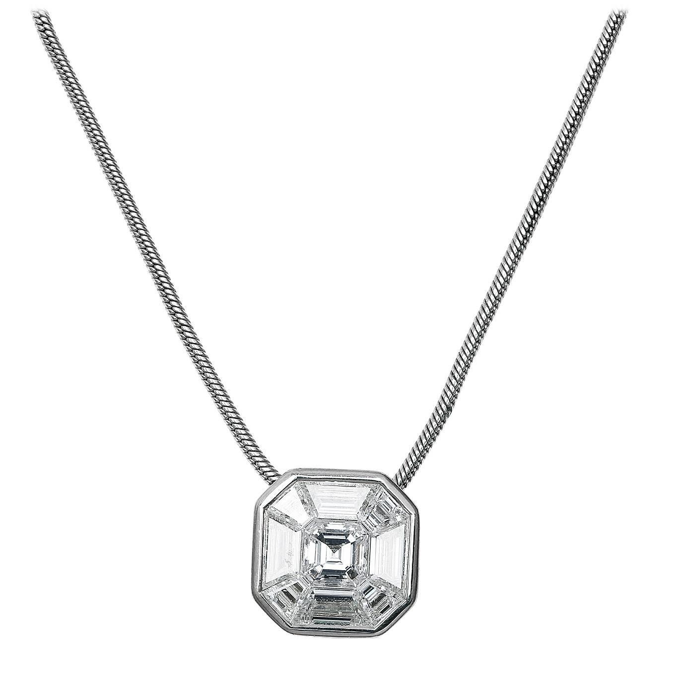 1.00 Carat Invisibly Set Diamond Gold Pendant and Chain For Sale