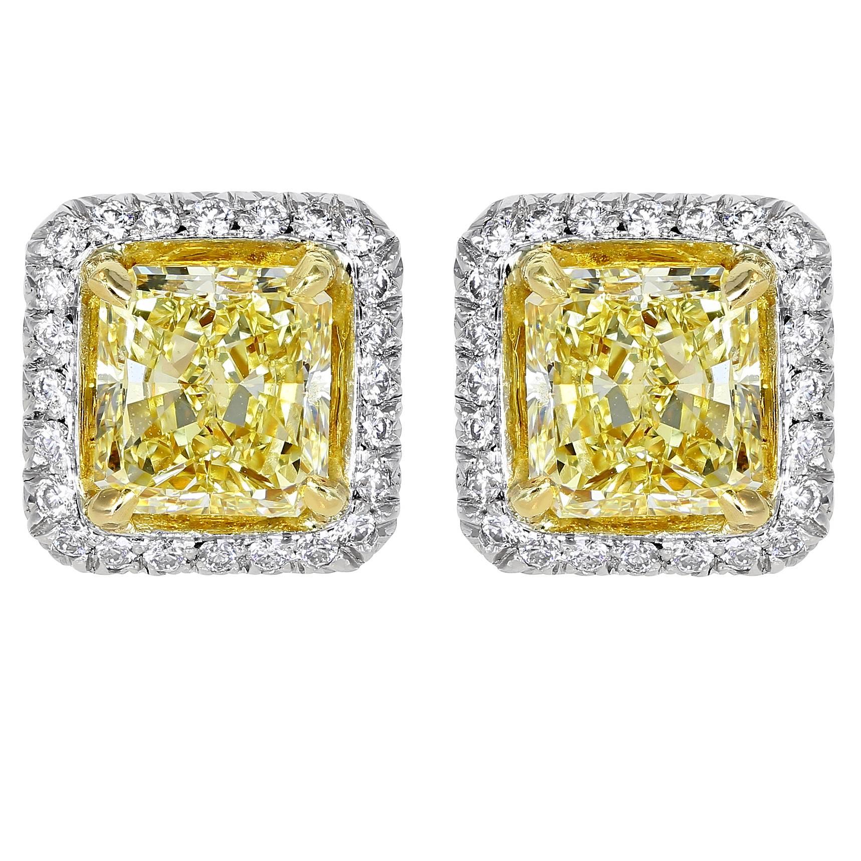 2.03 Carat Canary Diamond Stud Two Color Gold Earrings