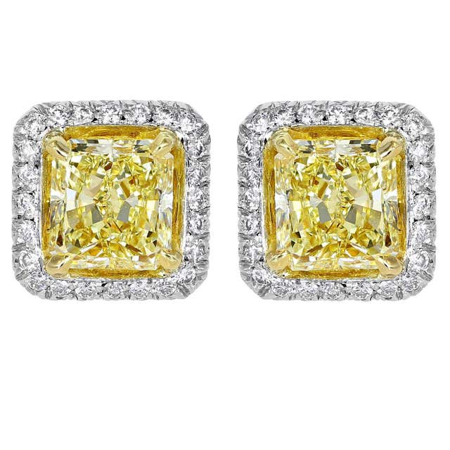 2.03 Carat Canary Diamond Stud Two Color Gold Earrings at 1stDibs