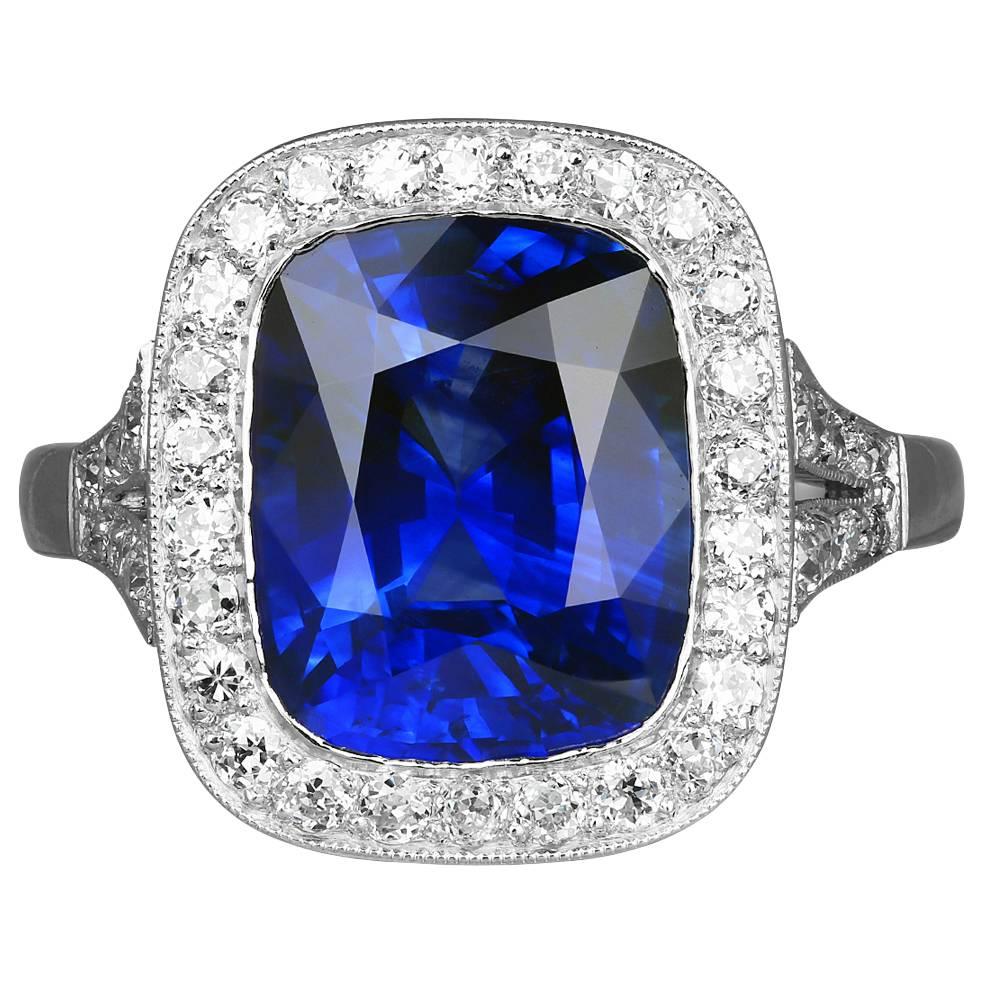 5.66 Carat Cushion Cut Sapphire Diamond Platinum Ring For Sale