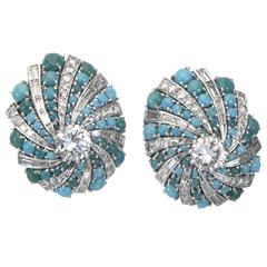 1960s Sterle Turquoise Diamond Gold Earrings