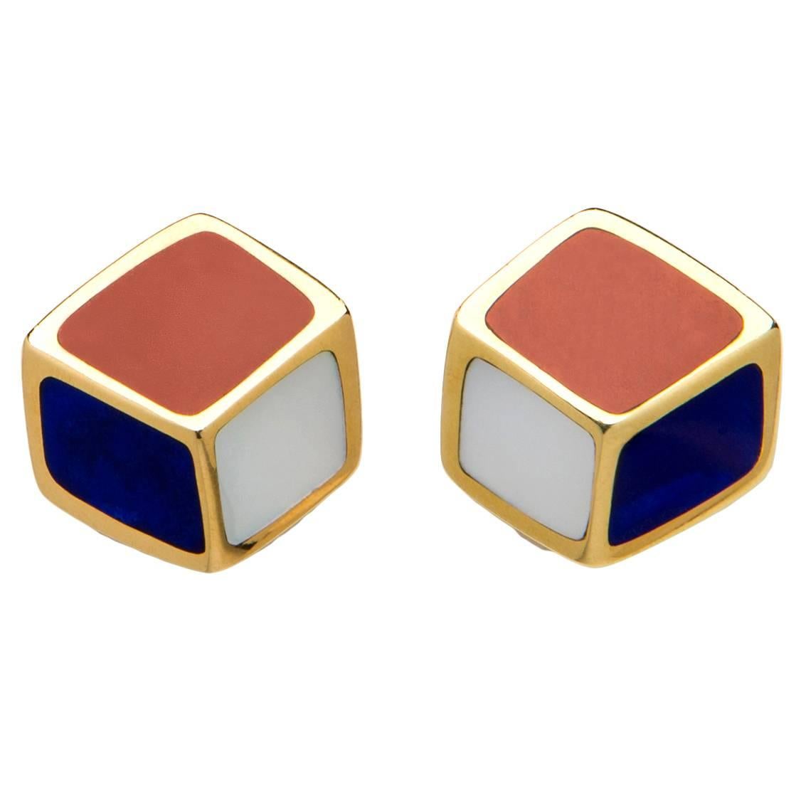 Lapis, Carnelian and Mother of Pearl are a striking combination in this simple geometric design created by Tiffany & Co.  7/8's of an inch in size

