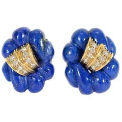 Carved Lapis Diamond Gold Earrings 3