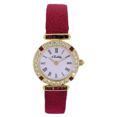 Alexis Barthelay Lady's Yellow Gold Diamond Ruby Quartz Wristwatch