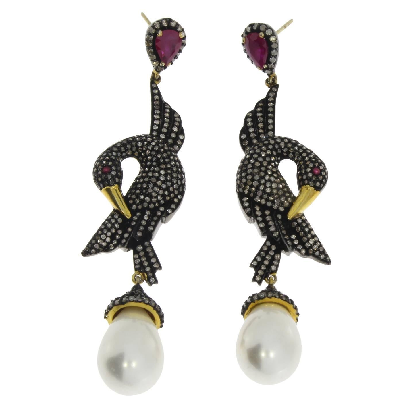 Pearl Ruby Diamond Silver Gold Bird Shaped Dangle Earrings For Sale