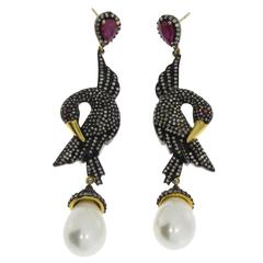 Pearl Ruby Diamond Silver Gold Bird Shaped Dangle Earrings 1