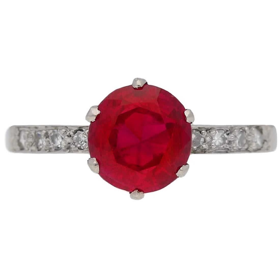 1920s Natural Burmese Ruby Diamond Platinum Ring For Sale