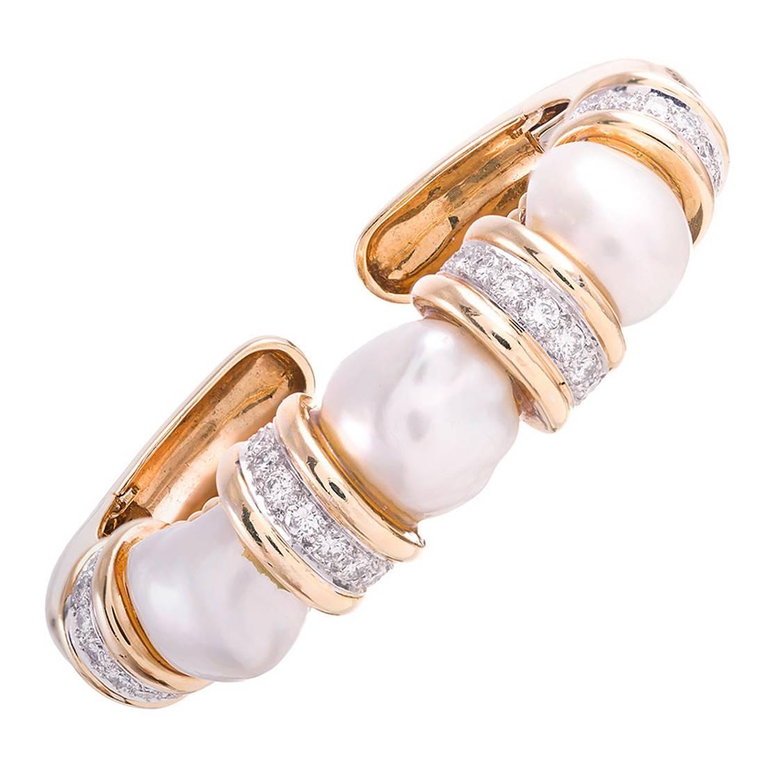 David Webb Baroque Pearl Diamond Gold Cuff Bracelet