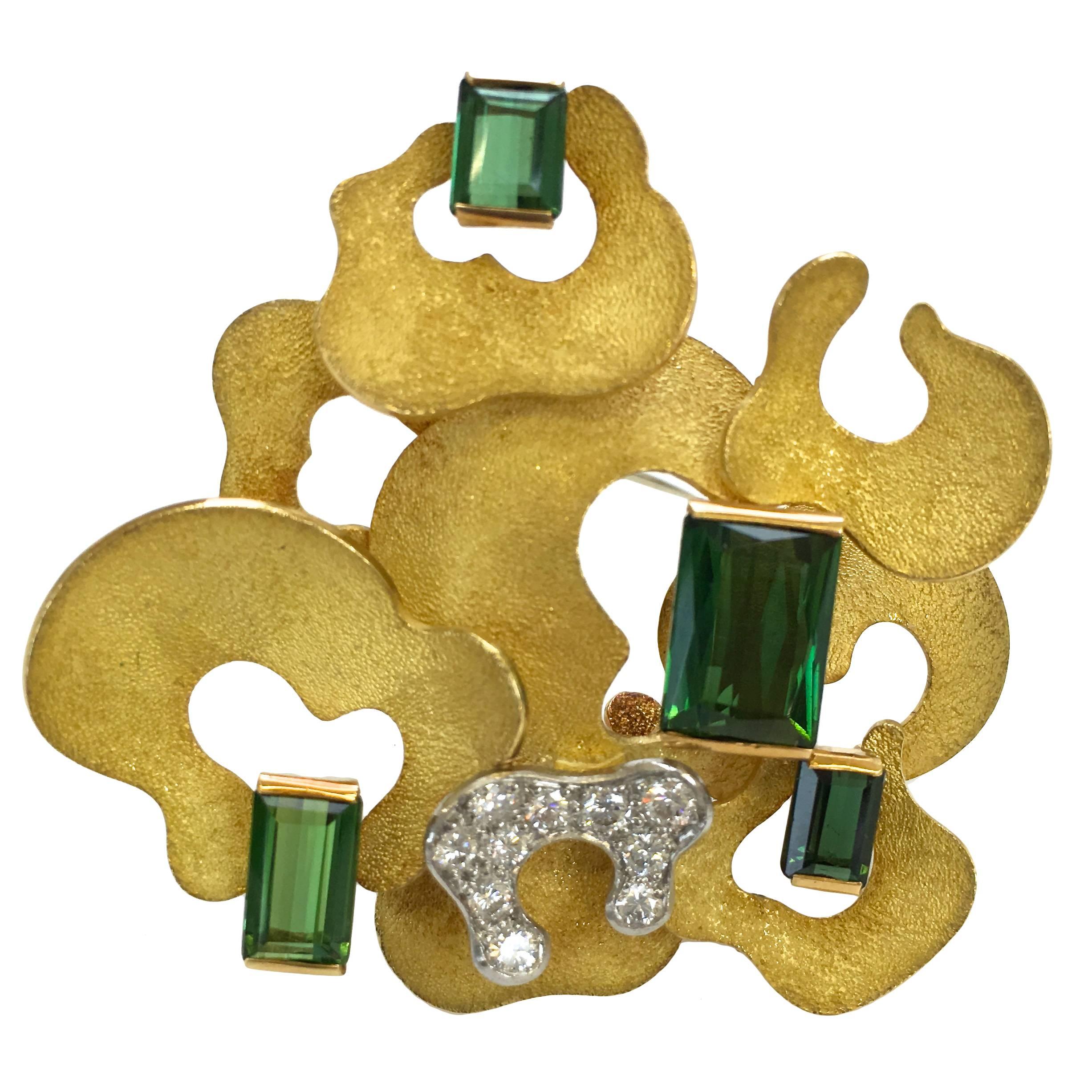 Andrew Grima Diamond and Tourmaline Brooch 1970 For Sale