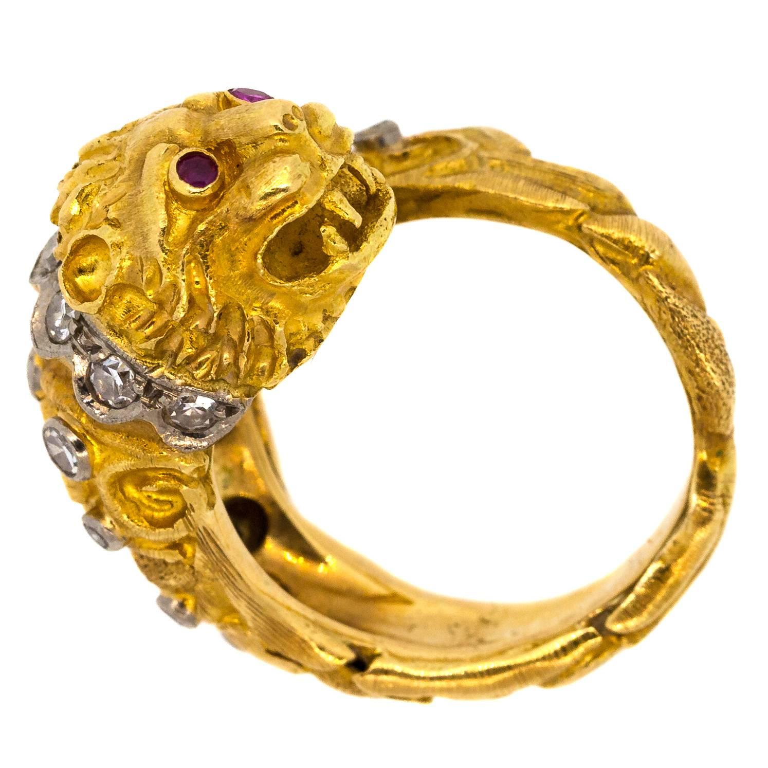 Zolotas-Greece Diamond Gold Lion Head Ring